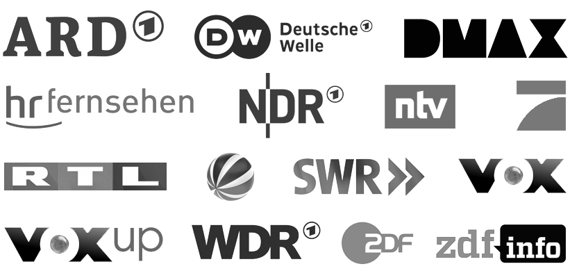 ARD, ATV, Deutsche Welle, DMAX, hr fernsehen, NDR, n-tv, ProSieben, RTL, SAT 1, SWR, VOX, WDR, ZDF, ZDF info, Alexandra Ziegler